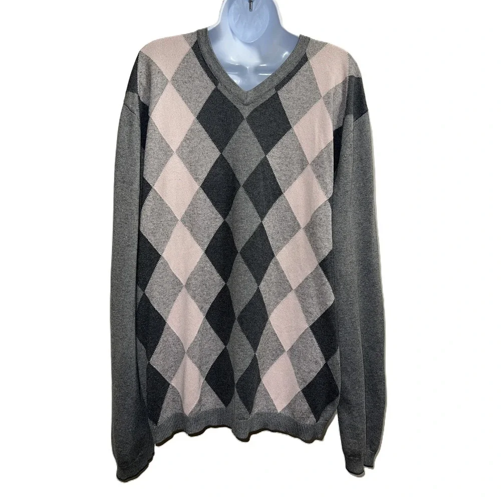 VTG Preppy Banana Republic Argyle Sweater Silk/Cashmere Gray/Black/Pink Men's XL